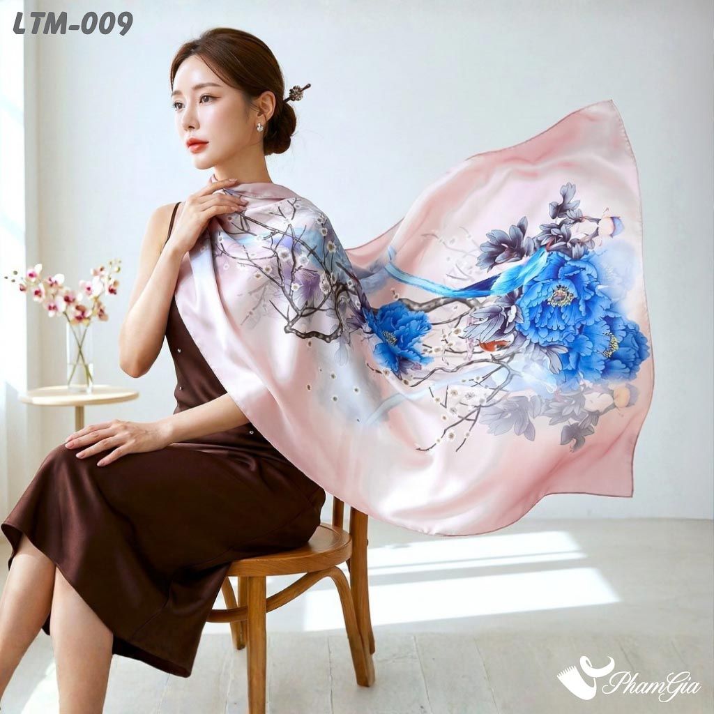 Khăn Choàng Lụa Trúc Mai Cao Cấp Họa Tiết Thanh Điểu Mẫu Đơn Màu Hồng Phấn (LTM009)