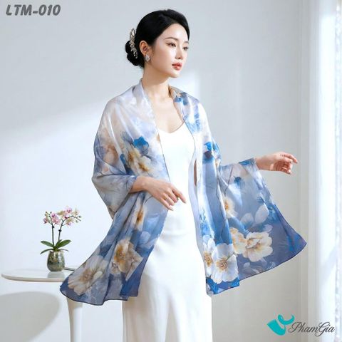 Khăn Choàng Lụa Trúc Mai Cao Cấp Họa Tiết Hoa Sơn Trà Màu Trắng Phối Xanh (LTM010)