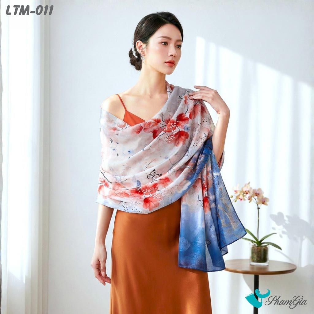 Khăn Choàng Lụa Trúc Mai Cao Cấp Họa Tiết Phong Thu Hồ Điệp Màu Xanh (LTM011)
