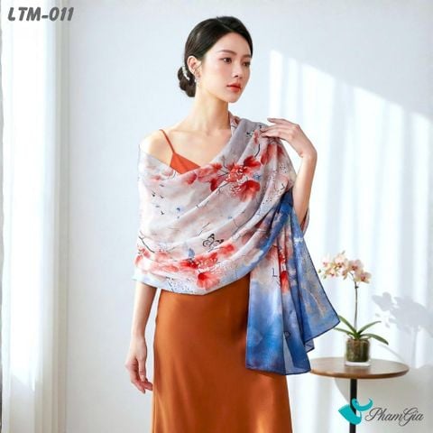 Khăn Choàng Lụa Trúc Mai Cao Cấp Họa Tiết Phong Thu Hồ Điệp Màu Xanh (LTM011)