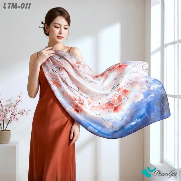 Khăn Choàng Lụa Trúc Mai Cao Cấp Họa Tiết Phong Thu Hồ Điệp Màu Xanh (LTM011)