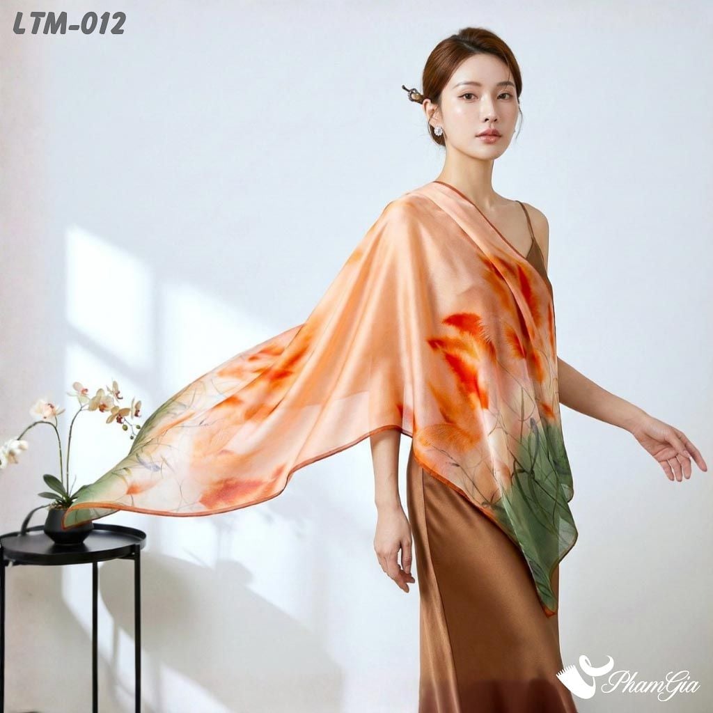 Khăn Choàng Lụa Trúc Mai Cao Cấp Họa Tiết Hoa Cỏ Lau Màu Cam Đất (LTM012)