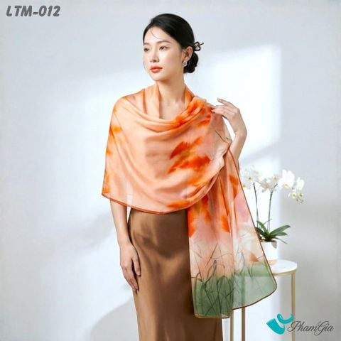 Khăn Choàng Lụa Trúc Mai Cao Cấp Họa Tiết Hoa Cỏ Lau Màu Cam Đất (LTM012)