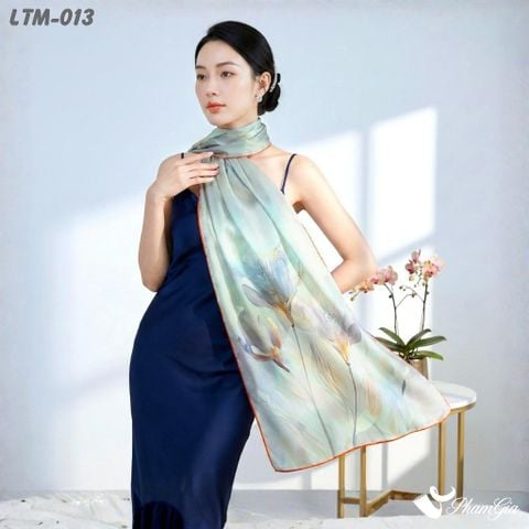 Khăn Choàng Lụa Trúc Mai Cao Cấp Họa Tiết Hoa Lily Phối Màu Ombre Viền Cam (LTM013)