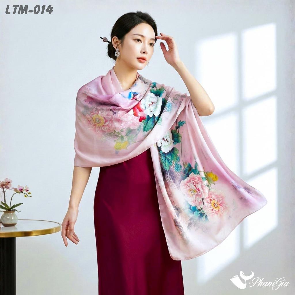 Khăn Choàng Lụa Trúc Mai Cao Cấp Họa Tiết Sơn Thủy Mẫu Đơn Màu Hồng Mơ (LTM014)