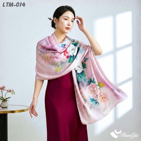 Khăn Choàng Lụa Trúc Mai Cao Cấp Họa Tiết Sơn Thủy Mẫu Đơn Màu Hồng Mơ (LTM014)