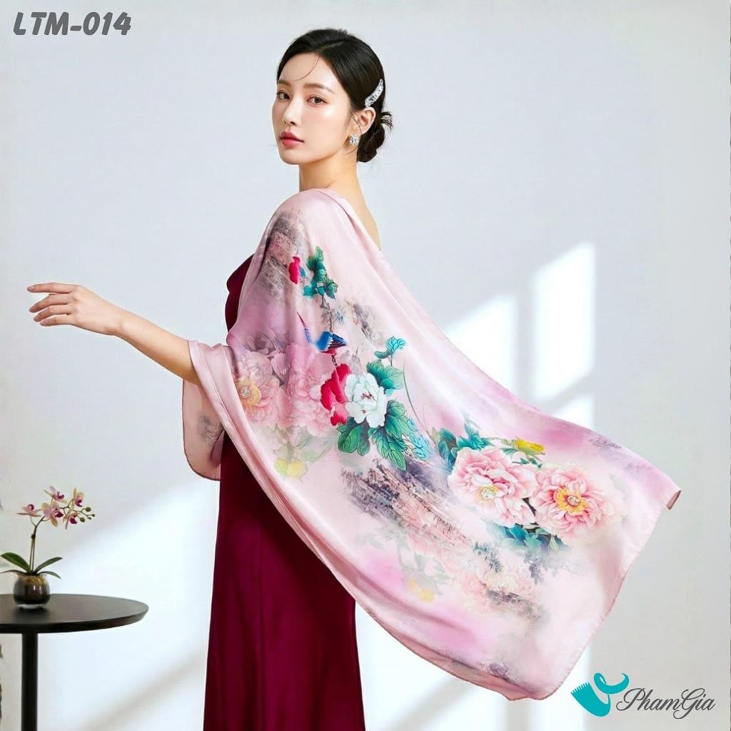 Khăn Choàng Lụa Trúc Mai Cao Cấp Họa Tiết Sơn Thủy Mẫu Đơn Màu Hồng Mơ (LTM014)
