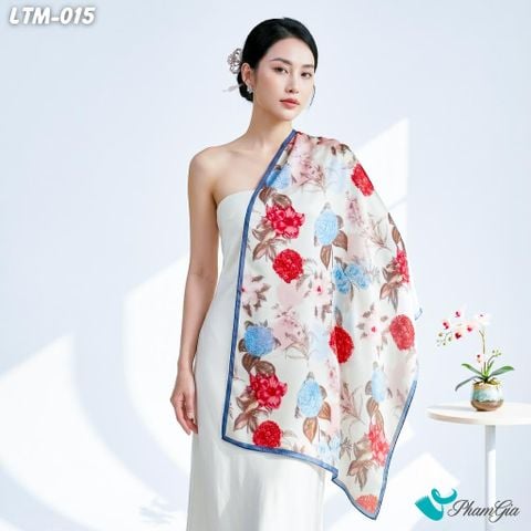 Khăn Choàng Lụa Trúc Mai Họa Tiết Hoa Cẩm Chướng Phối Viền Xanh (LTM015)