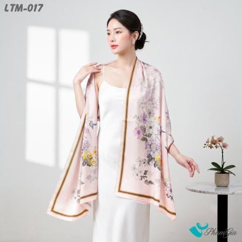 Khăn Choàng Lụa Trúc Mai Họa Tiết Vườn Hoa Mùa Xuân Phối Viền Nâu (LTM017)