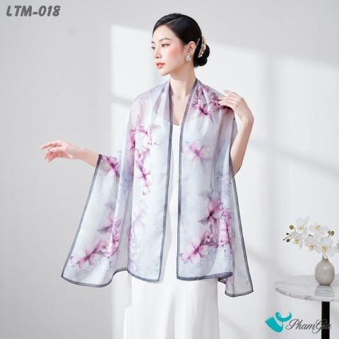 Khăn Choàng Lụa Trúc Mai Họa Tiết Hoa Mộc Lan Phối Viền Xám Khói (LTM018)