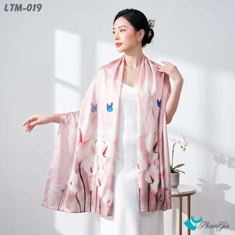 Khăn Choàng Lụa Trúc Mai Họa Tiết Hoa Rum Màu Hồng Pastel (LTM019)