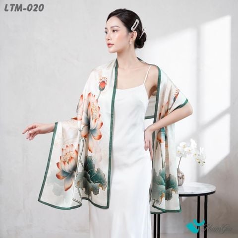 Khăn Choàng Lụa Trúc Mai Họa Tiết Hoa Sen Phối Màu Xanh Lục Bảo (LTM020)