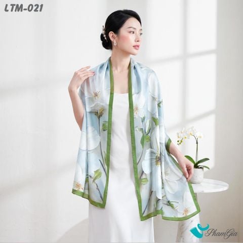 Khăn Choàng Lụa Trúc Mai Họa Tiết Hoa Mộc Lan Nên Xanh Khói (LTM021)