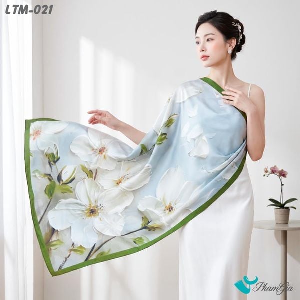 Khăn Choàng Lụa Trúc Mai Họa Tiết Hoa Mộc Lan Nên Xanh Khói (LTM021)