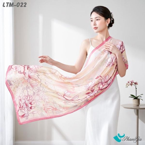 Khăn Choàng Lụa Trúc Mai Họa Tiết Hoa Sen Cổ Phong Phối Màu Hồng Đất (LTM022)