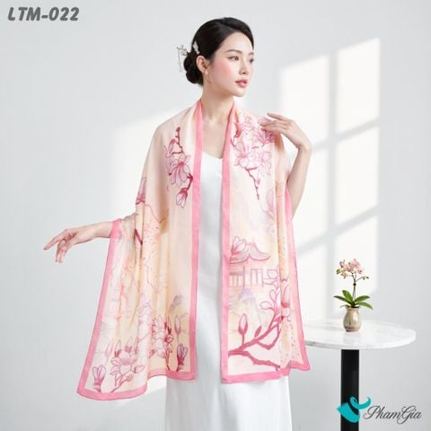 Khăn Choàng Lụa Trúc Mai Họa Tiết Hoa Sen Cổ Phong Phối Màu Hồng Đất (LTM022)