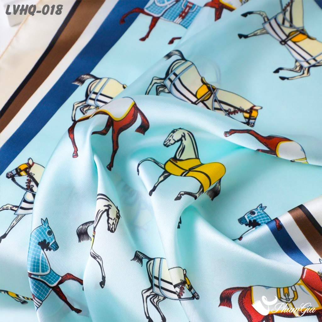 Khăn Lụa Vuông 70*70Cm Phong Cách Hàn Quốc Họa Tiết Ngựa Kỵ Sĩ Viền Kem (LVHQ018)