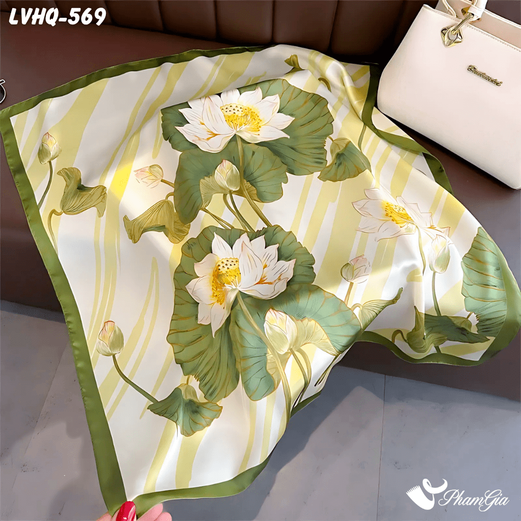 Khăn Lụa Vuông 70*70cm Phong Cách Hàn Quốc Họa Tiết Hoa Sen Màu Xanh Rêu (LVHQ569)