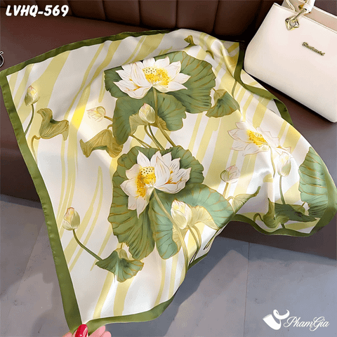 Khăn Lụa Vuông 70*70cm Phong Cách Hàn Quốc Họa Tiết Hoa Sen Màu Xanh Rêu (LVHQ569)