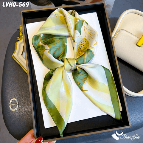 Khăn Lụa Vuông 70*70cm Phong Cách Hàn Quốc Họa Tiết Hoa Sen Màu Xanh Rêu (LVHQ569)