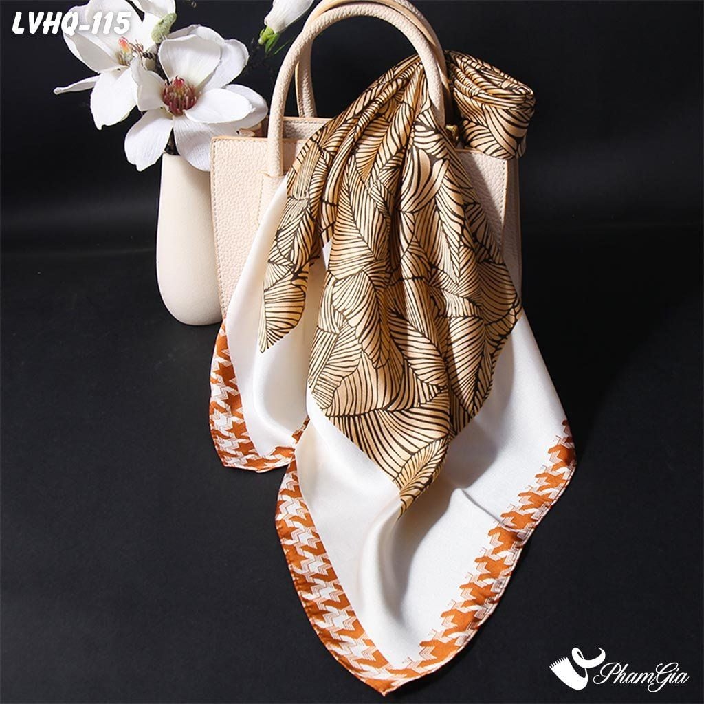 Khăn Lụa Vuông 70*70Cm Phong Cách Hàn Quốc Họa Tiết Lá Cách Điệu Màu Nâu (LVHQ115)