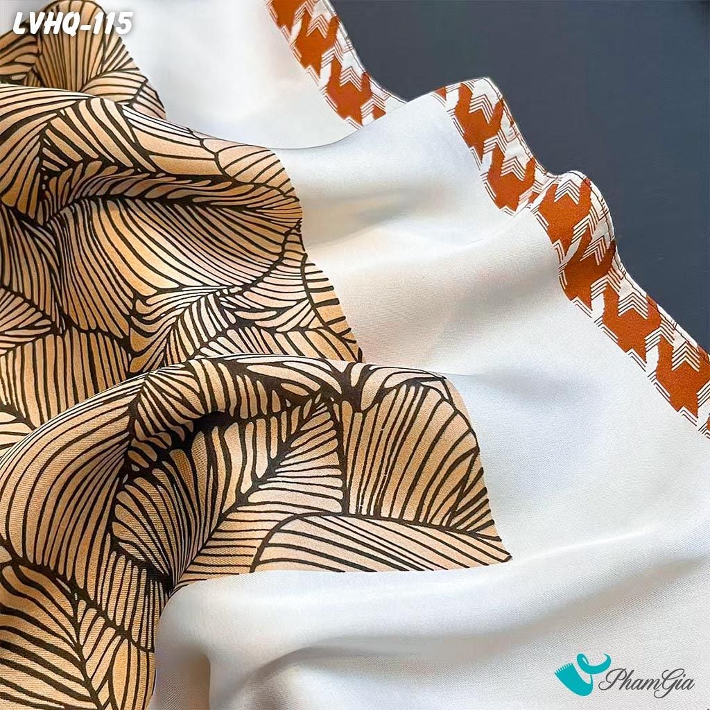 Khăn Lụa Vuông 70*70Cm Phong Cách Hàn Quốc Họa Tiết Lá Cách Điệu Màu Nâu (LVHQ115)