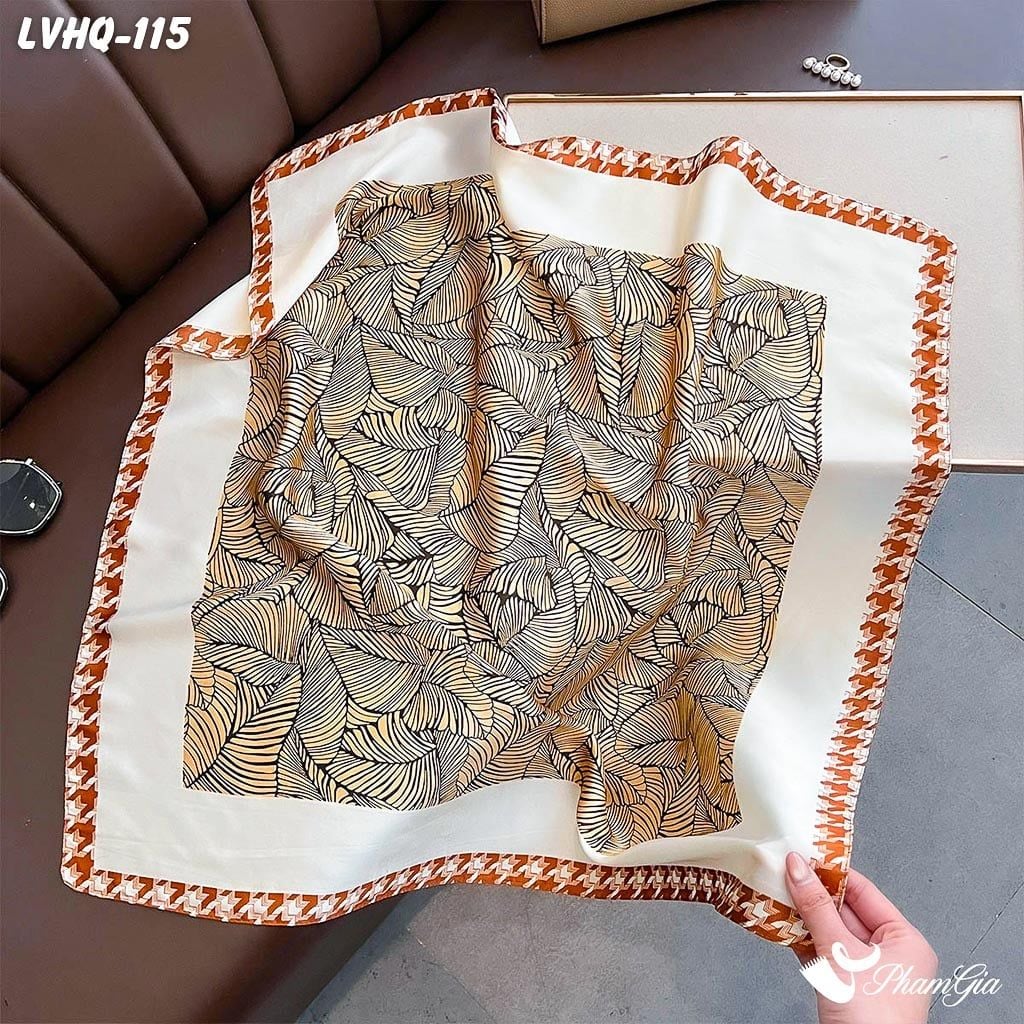 Khăn Lụa Vuông 70*70Cm Phong Cách Hàn Quốc Họa Tiết Lá Cách Điệu Màu Nâu (LVHQ115)