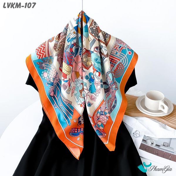 Khăn Lụa Vuông 90*90Cm Cao Cấp Họa Tiết Nghệ Thuật Phối Màu Viền Cam Cá Tính (LVKM107)