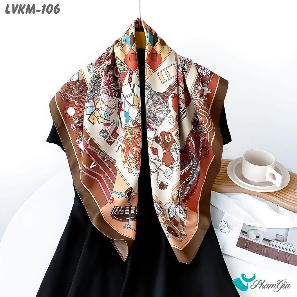 Khăn Lụa Vuông 90*90Cm Cao Cấp Họa Tiết Nghệ Thuật Phối Màu Viền Nâu Cá Tính (LVKM106)