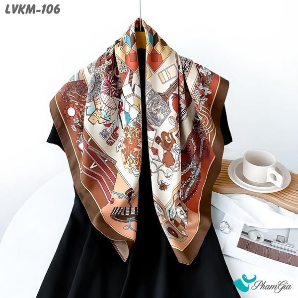 Khăn Lụa Vuông 90*90Cm Cao Cấp Họa Tiết Nghệ Thuật Phối Màu Viền Nâu Cá Tính (LVKM106)
