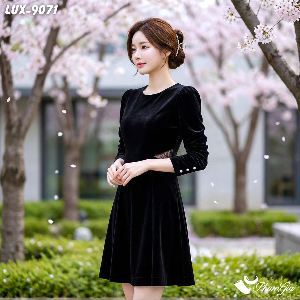 Đầm Nhung Chít Ren Eo Cao Cấp (LUX9071)