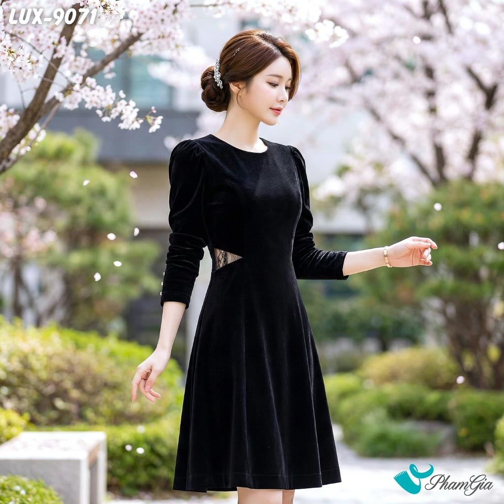 Đầm Nhung Chít Ren Eo Cao Cấp (LUX9071)