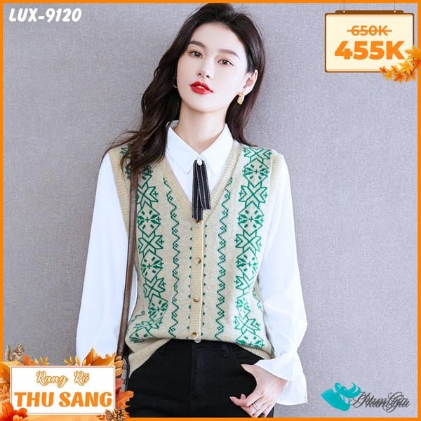 Áo Len Ghile Cao Cấp Họa Tiết Thổ Cẩm Màu Xanh (LUX9120)