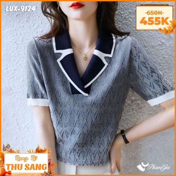 Áo Len Tay Ngắn Thời Trang Màu Xanh Navy (LUX9124)