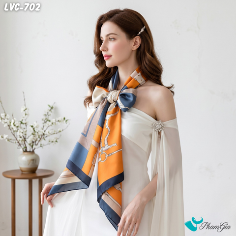 Khăn Choàng Lụa Vân Châu Họa Tiết Retro Màu Cam Phối Xanh Than Hiện Đại (LVC702)