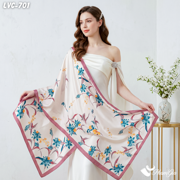 Khăn Choàng Lụa Vân Châu Họa Tiết Hoa Bách Hợp Cách Điệu Màu Kem Viền Hồng Trang Nhã (LVC701)