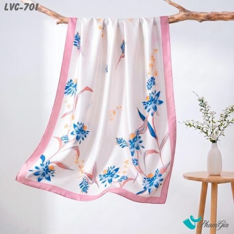 Khăn Choàng Lụa Vân Châu Họa Tiết Hoa Bách Hợp Cách Điệu Màu Kem Viền Hồng Trang Nhã (LVC701)
