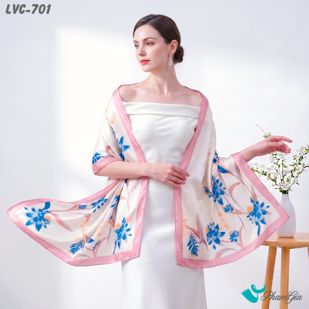 Khăn Choàng Lụa Vân Châu Họa Tiết Hoa Bách Hợp Cách Điệu Màu Kem Viền Hồng Trang Nhã (LVC701)