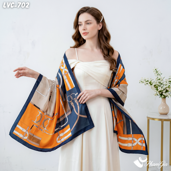 Khăn Choàng Lụa Vân Châu Họa Tiết Retro Màu Cam Phối Xanh Than Hiện Đại (LVC702)