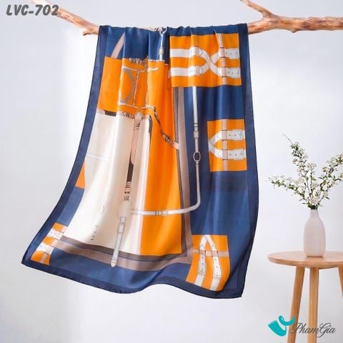 Khăn Choàng Lụa Vân Châu Họa Tiết Retro Màu Cam Phối Xanh Than Hiện Đại (LVC702)