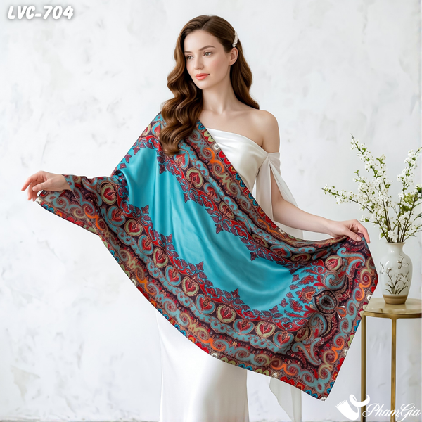 Khăn Choàng Lụa Vân Châu Họa Tiết Paisley Màu Xanh Ngọc Bảo Cổ Điển (LVC704)