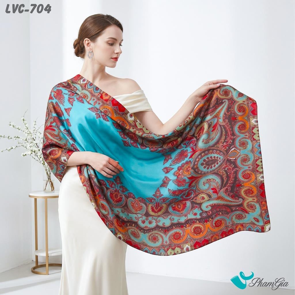 Khăn Choàng Lụa Vân Châu Họa Tiết Paisley Màu Xanh Ngọc Bảo Cổ Điển (LVC704)