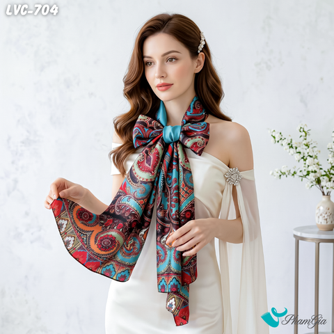 Khăn Choàng Lụa Vân Châu Họa Tiết Paisley Màu Xanh Ngọc Bảo Cổ Điển (LVC704)