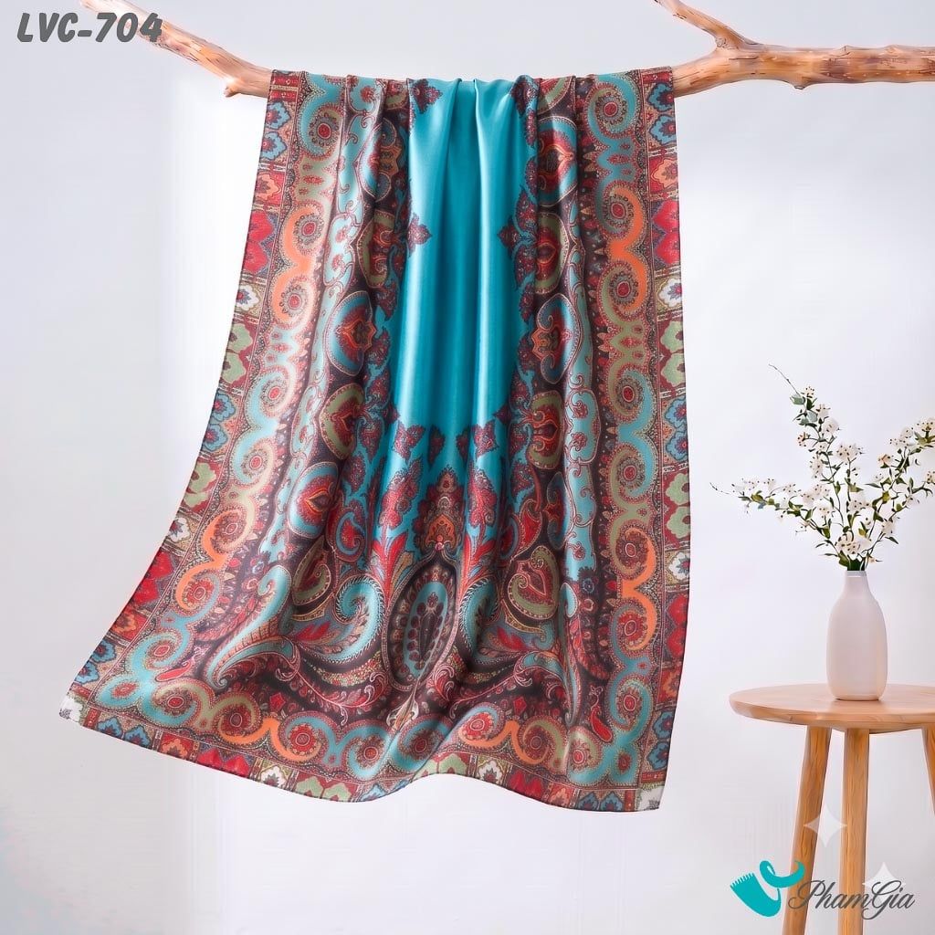 Khăn Choàng Lụa Vân Châu Họa Tiết Paisley Màu Xanh Ngọc Bảo Cổ Điển (LVC704)
