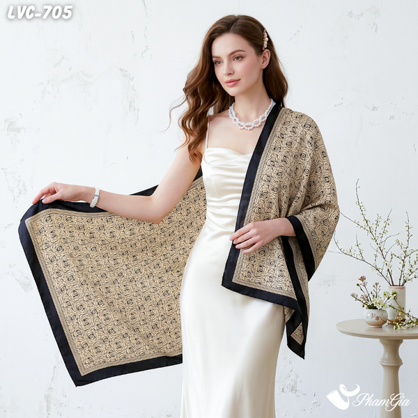 Khăn Choàng Lụa Vân Châu Họa Tiết Hoa Hồng Cách Điệu Màu Nâu Phối Viền Đen Sang Trọng (LVC705)