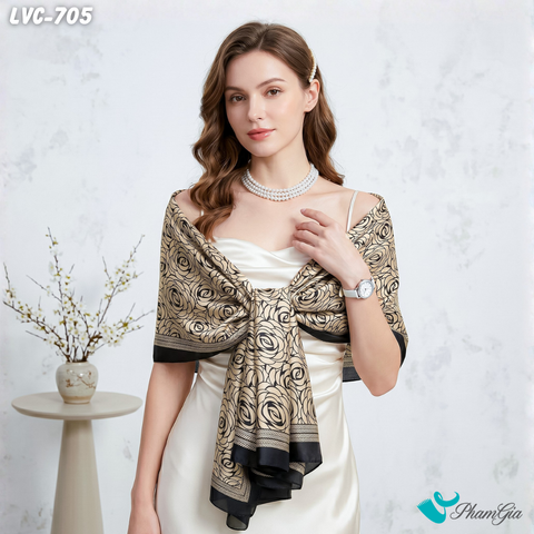 Khăn Choàng Lụa Vân Châu Họa Tiết Hoa Hồng Cách Điệu Màu Nâu Phối Viền Đen Sang Trọng (LVC705)