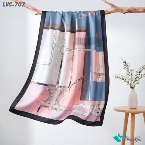 Khăn Choàng Lụa Vân Châu Họa Tiết Dây Đai Retro Phối Màu Xanh - Hồng Hiện Đại (LVC707)