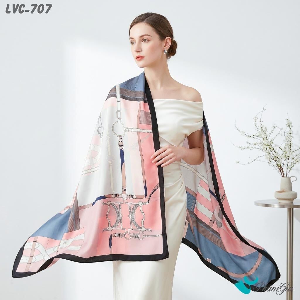 Khăn Choàng Lụa Vân Châu Họa Tiết Dây Đai Retro Phối Màu Xanh - Hồng Hiện Đại (LVC707)