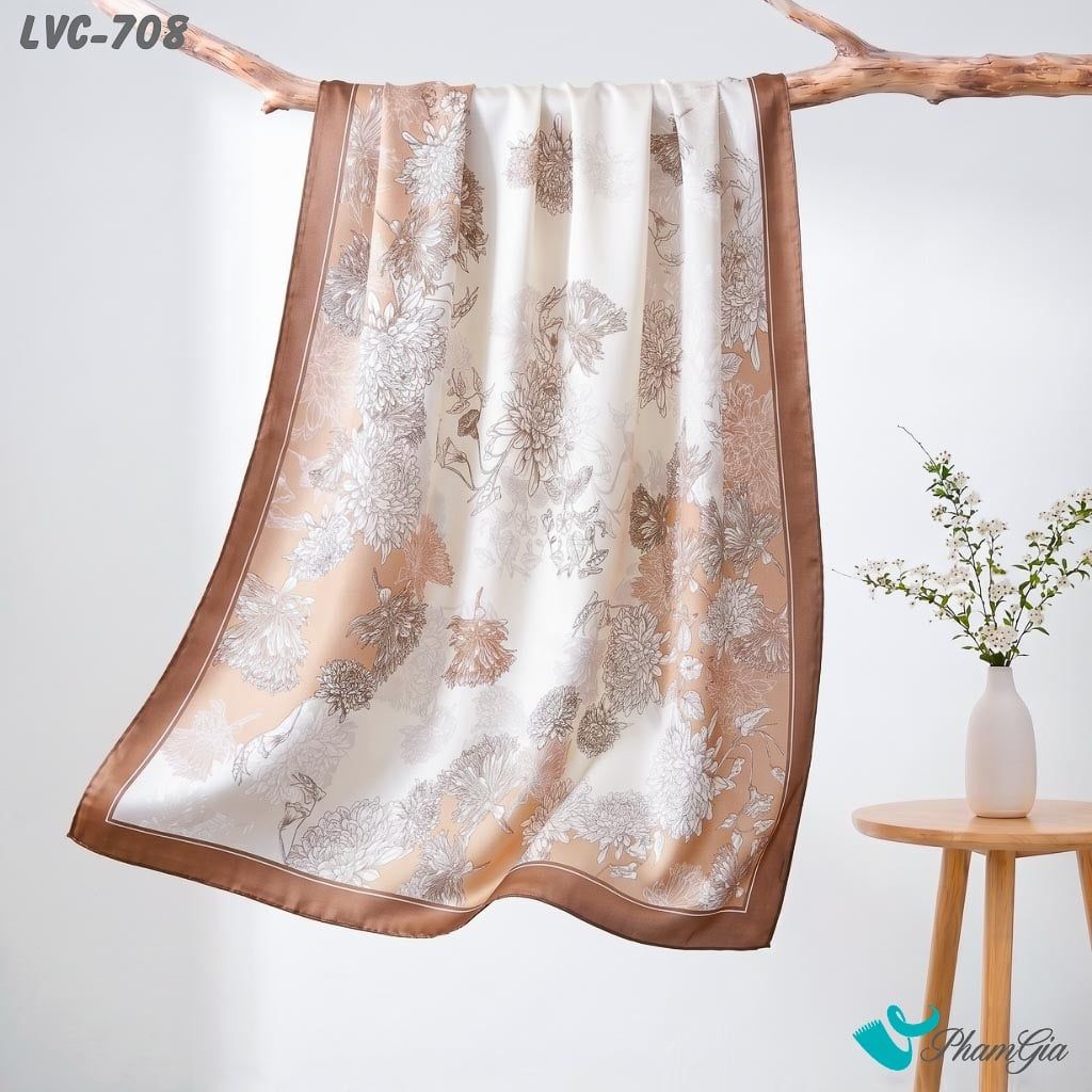 Khăn Choàng Lụa Vân Châu Họa Tiết Hoa Cúc Trắng Phối Nền Nâu Nhạt Trang Nhã (LVC708)