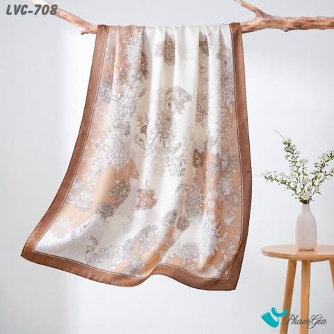 Khăn Choàng Lụa Vân Châu Họa Tiết Hoa Cúc Trắng Phối Nền Nâu Nhạt Trang Nhã (LVC708)